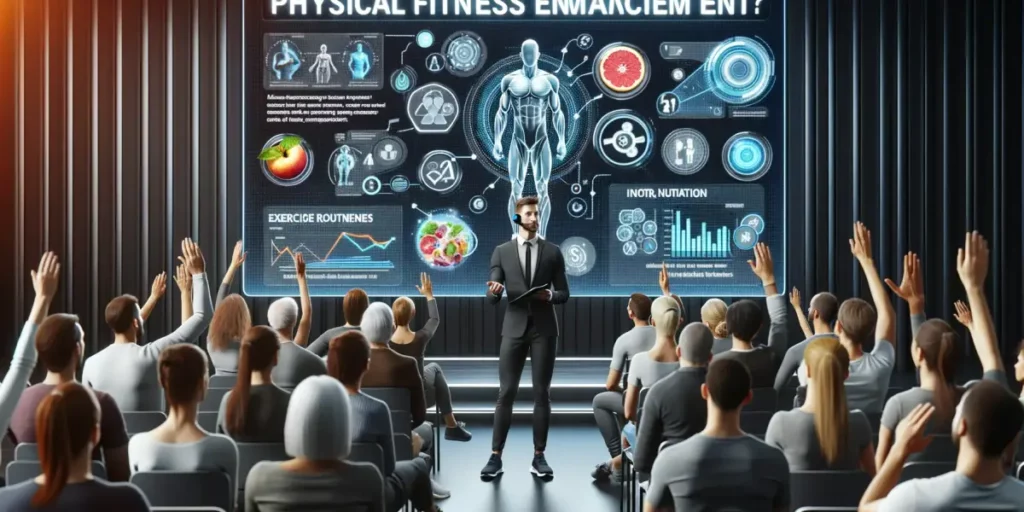 An image representing a Q&A session about physical fitness enhancement. It shows a modern, interactive seminar environment where a fitness expert is a