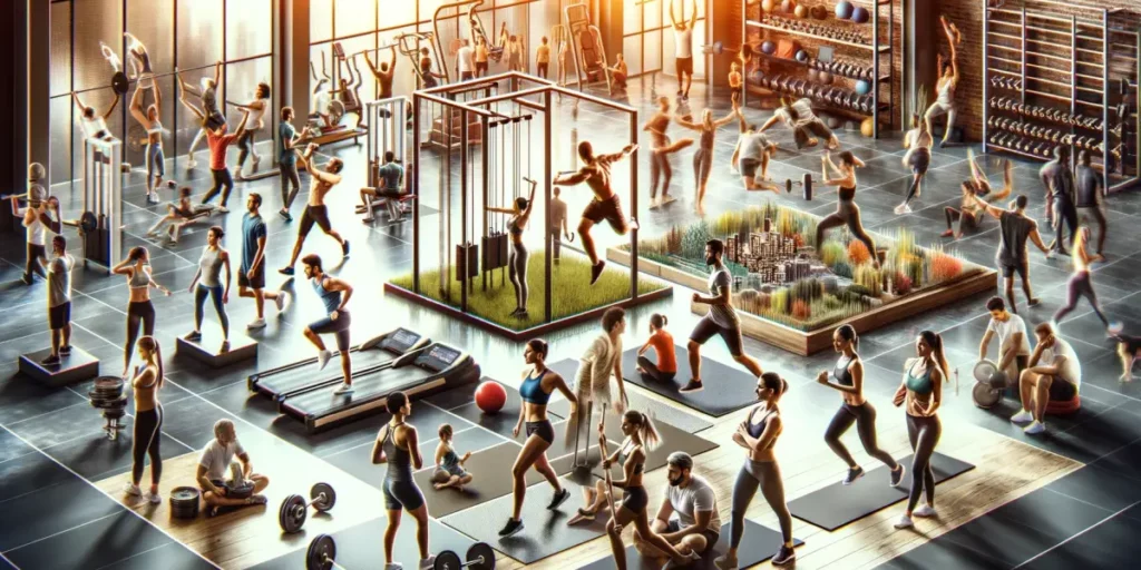 An image showcasing the multifaceted nature of physical fitness. The scene includes diverse groups of people engaging in various fitness activities th