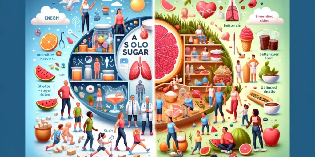 An informative and visually appealing image highlighting the importance of a low-sugar diet. The scene shows a diverse group of people of various ages
