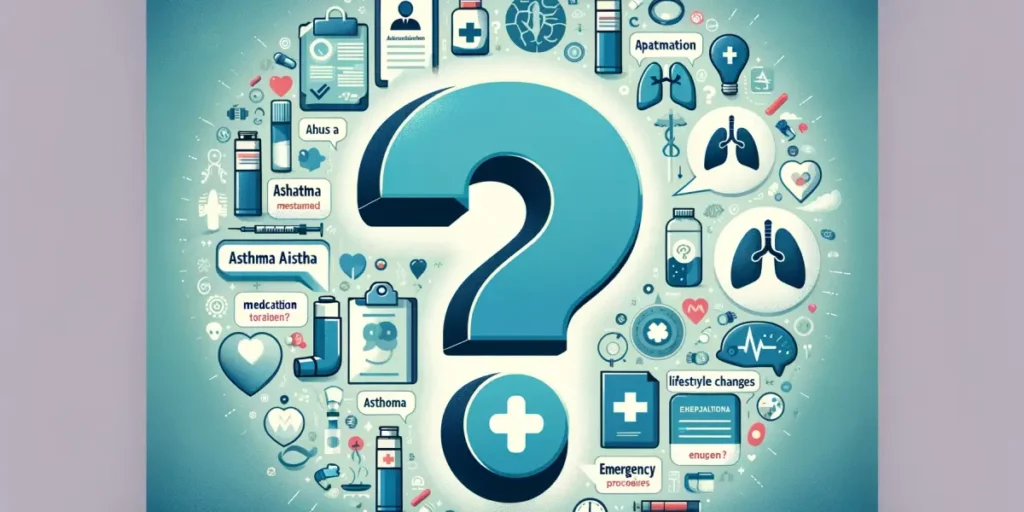 An informative illustration depicting a question and answer session about asthma management. The image shows a large, central question mark, symbolizi