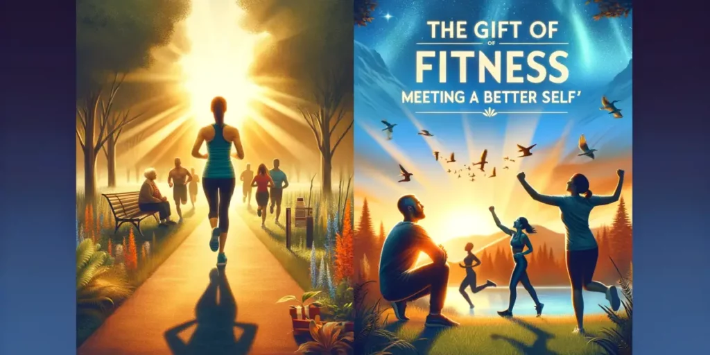 An inspirational scene depicting the journey of improving one's fitness, with a person of undefined descent and gender exercising in a serene park at