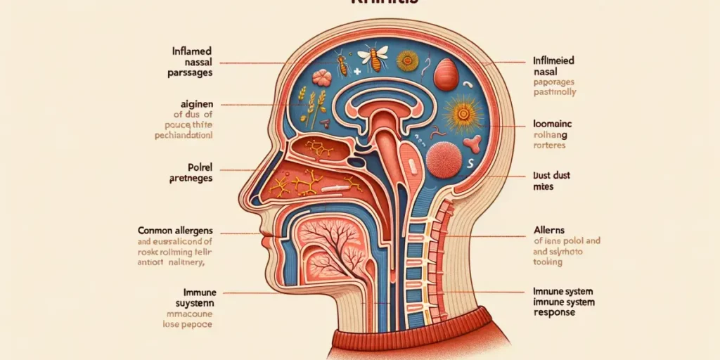 Illustration of a diagram explaining the general understanding of rhinitis, showcasing a cross-section of a human head with a focus on the nasal passa