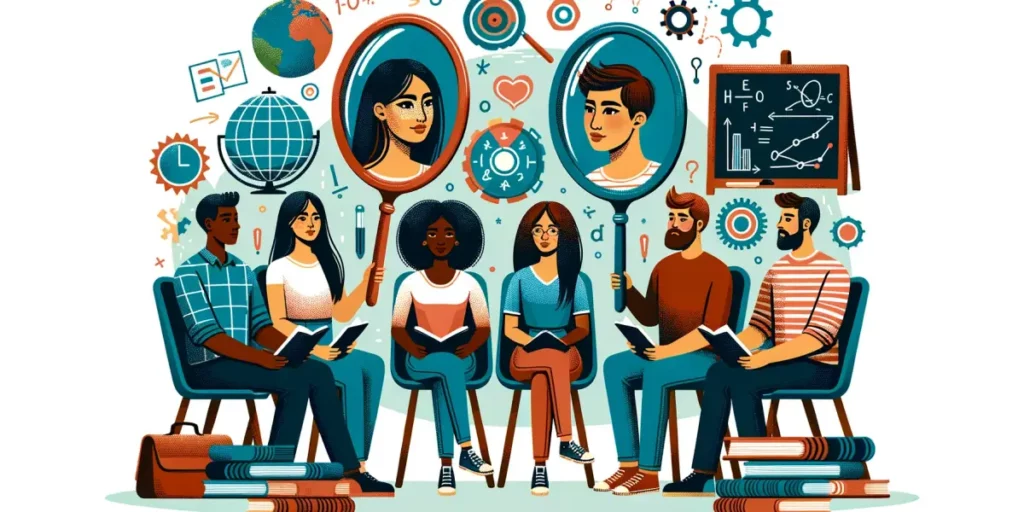 Illustration of a diverse group of people sitting in a circle, each holding a mirror reflecting their own face. The group includes an African woman, a