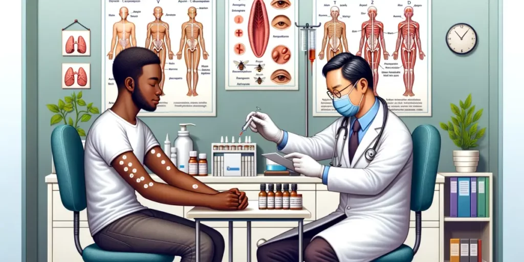 Illustration of a medical office scene where a doctor of East Asian descent is performing a skin prick test on a patient of African descent to diagnos