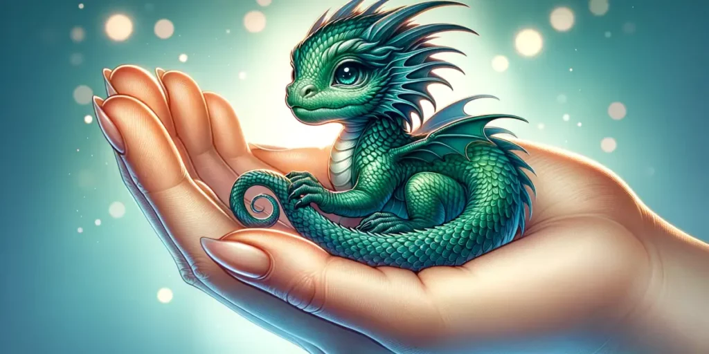 Illustration of a small dragon perched on a human's hand, symbolizing the virtue of forgiveness. The dragon is intricately detailed with emerald green