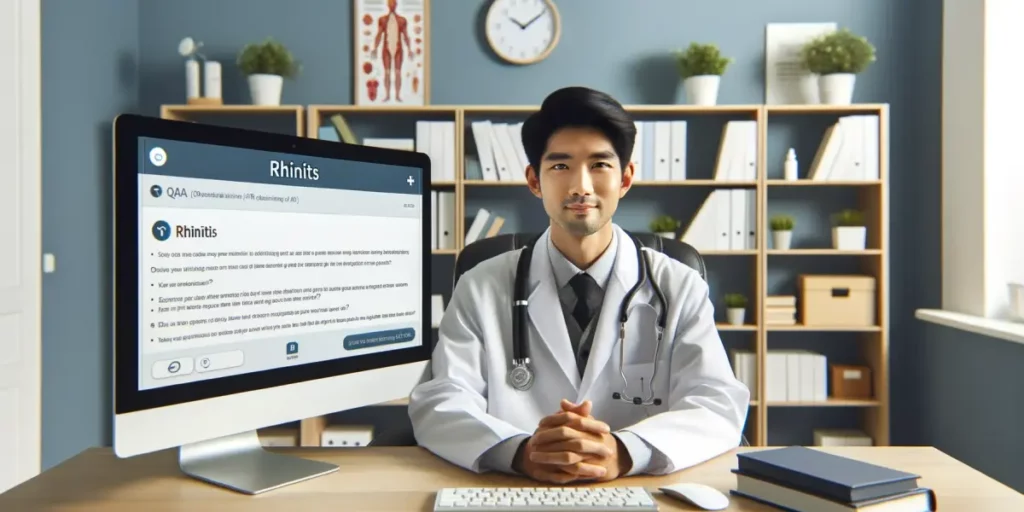 Photo of a doctor of Asian descent, wearing a white coat, sitting in an office with a large monitor displaying a Q&A interface related to rhinitis. Th
