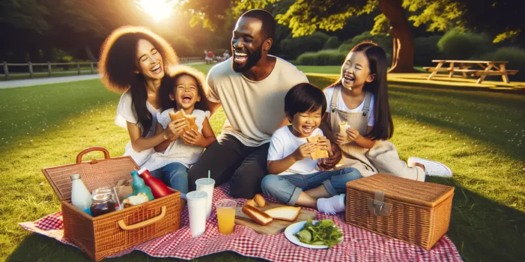Photo of a family enjoying a picnic in a lush green park, capturing a precious everyday moment. The family consists of a Black father, an Asian mother