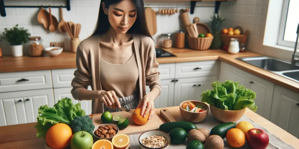Photo of a kitchen table displaying a variety of foods rich in vitamin C and other nutrients beneficial for managing rhinitis. A woman of Asian descen