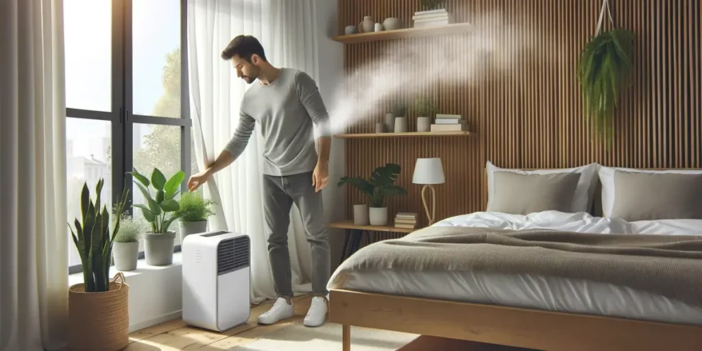 Photo of a modern, well-ventilated bedroom with hypoallergenic bedding, air purifier, and a selection of indoor plants known for purifying the air. Va