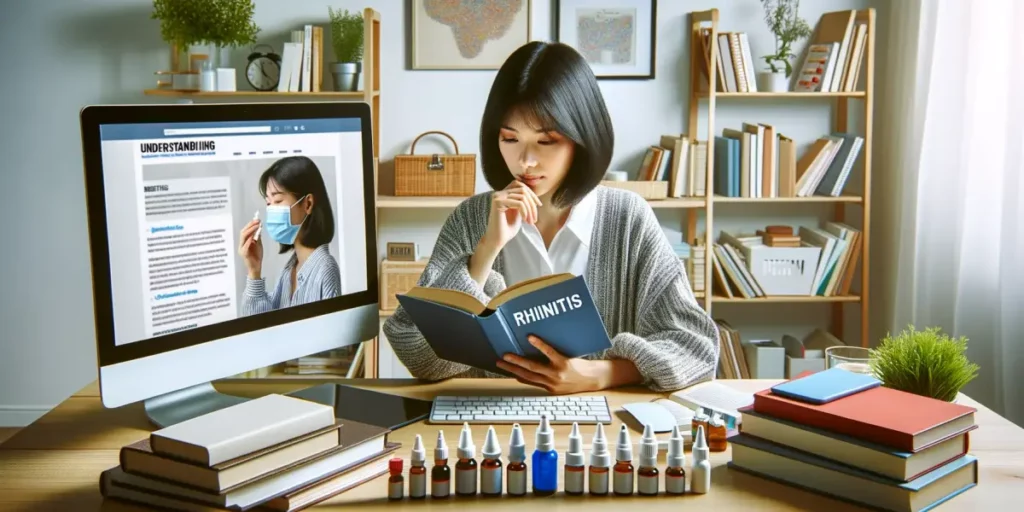 Photo of a person sitting at a desk in a well-lit, modern home office, surrounded by health books and a computer displaying a blog about rhinitis on t
