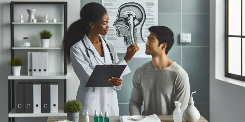 Photo of a professional healthcare provider in a clean, modern clinic, demonstrating a nasal irrigation procedure to a male patient of Asian descent.