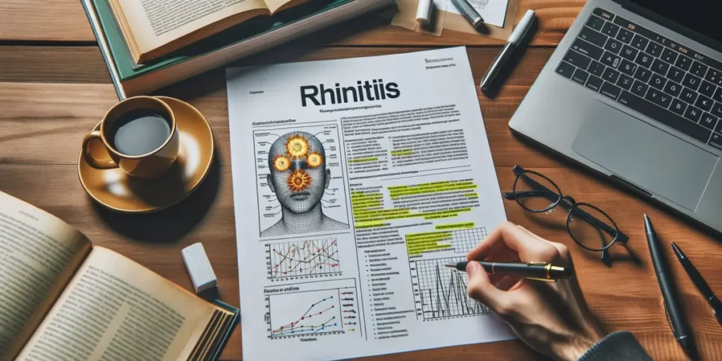 Photo of a research paper on rhinitis, with highlighted sections and annotations. The paper is on a wooden desk, surrounded by academic journals, a la