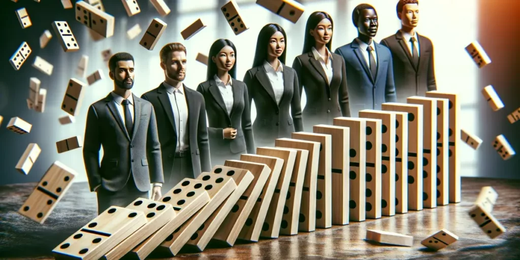 Photo of a series of dominoes toppling over, each domino representing a human figure with diverse ethnicities. The first domino is a Caucasian man in