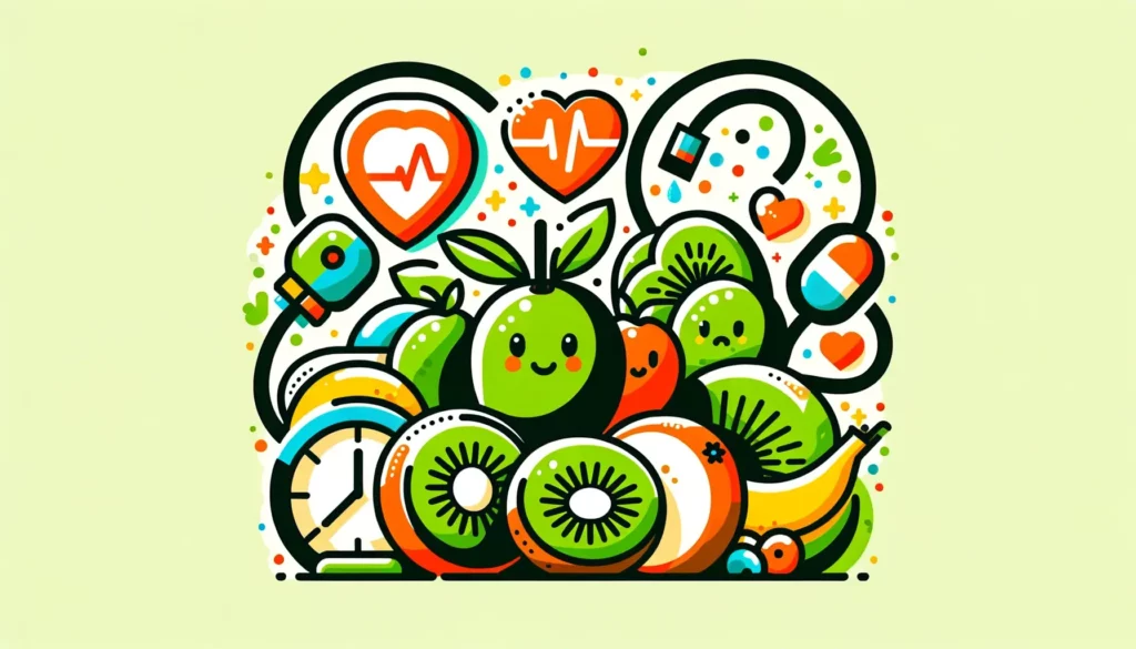 A colorful and friendly illustration representing the health benefits of kiwi fruit, especially its high vitamin C content and its ability to lower bl