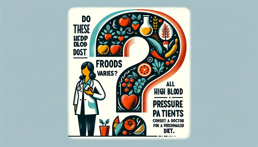 A creative illustration representing a frequently asked question about high blood pressure management through diet. The image should symbolically depi