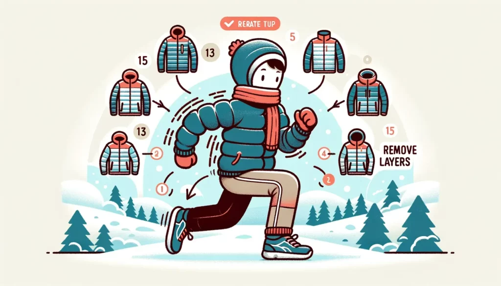 A friendly and memorable illustration depicting a person preparing for winter running. The person is dressed in multiple layers of clothing, suitable