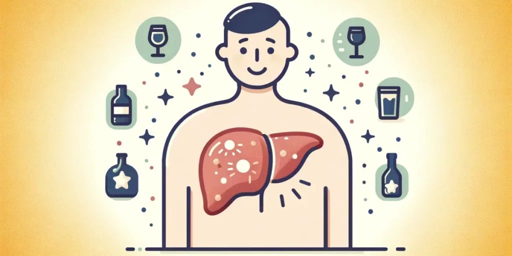 A friendly and memorable illustration depicting the concept of alcoholic liver disease and its causes. The image should be simple and not too complex,
