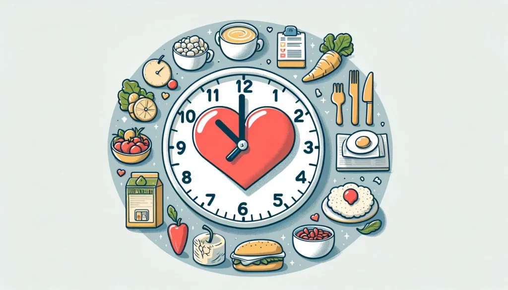 A friendly and memorable illustration depicting the concept of meal times affecting cardiovascular health risks. The image shows a simplified and clea