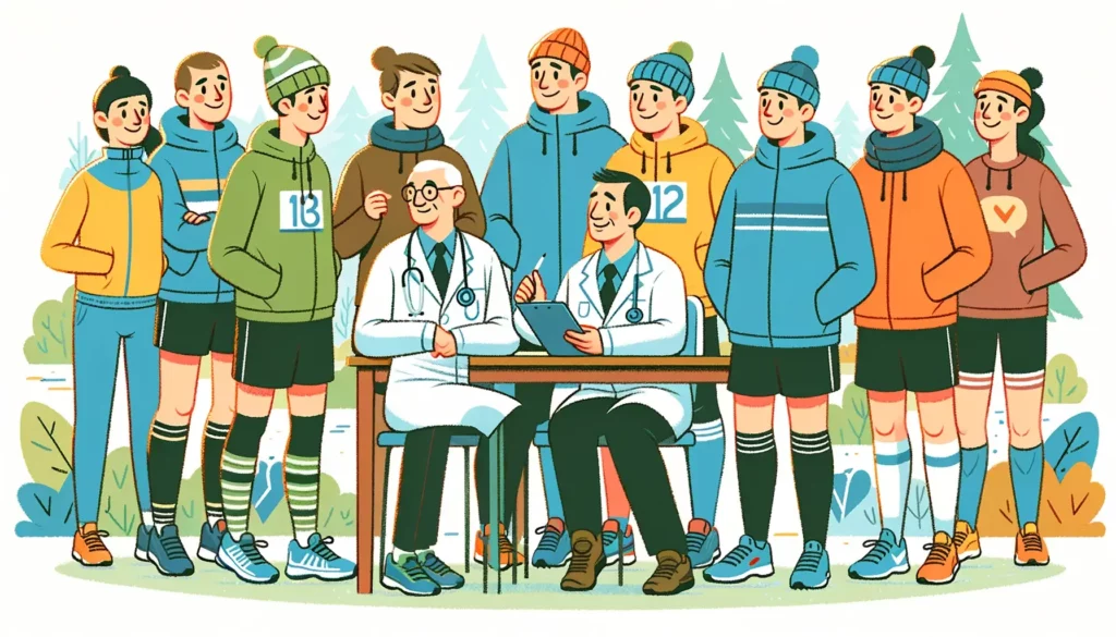 A friendly and memorable illustration of a diverse group of new runners, each consulting with a doctor before starting their running journey. The scen