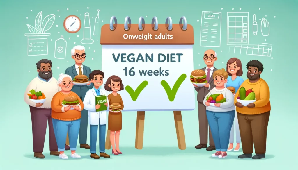 A friendly and memorable illustration representing a vegan diet study on overweight adults. The image should include a diverse group of adults, some h