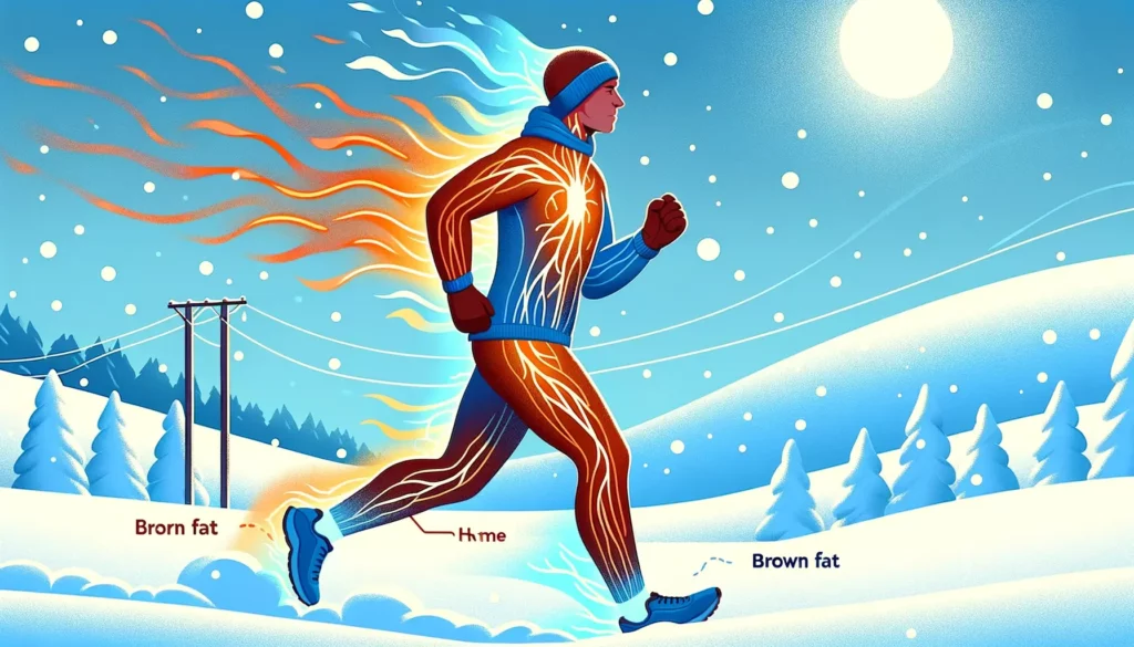A friendly and memorable illustration showcasing the effects of running in cold weather on the human body. The focus is on a runner, dressed warmly, j