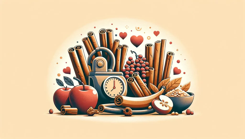 A friendly and simple illustration highlighting the health benefits of cinnamon in reducing blood pressure. The image features cinnamon sticks, subtly