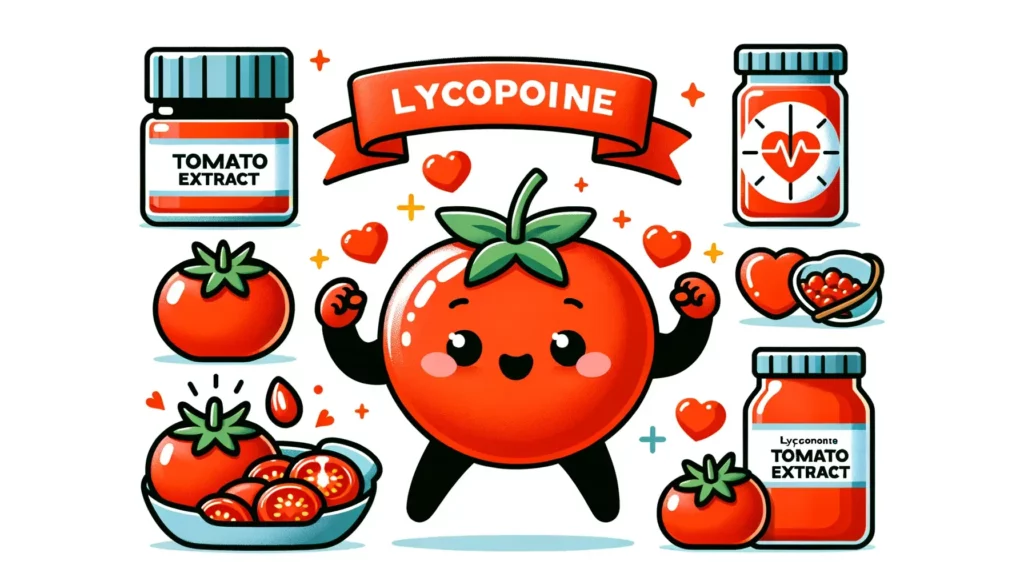 A friendly and simple illustration highlighting the health benefits of lycopene found in tomato extract, particularly for heart health and blood press