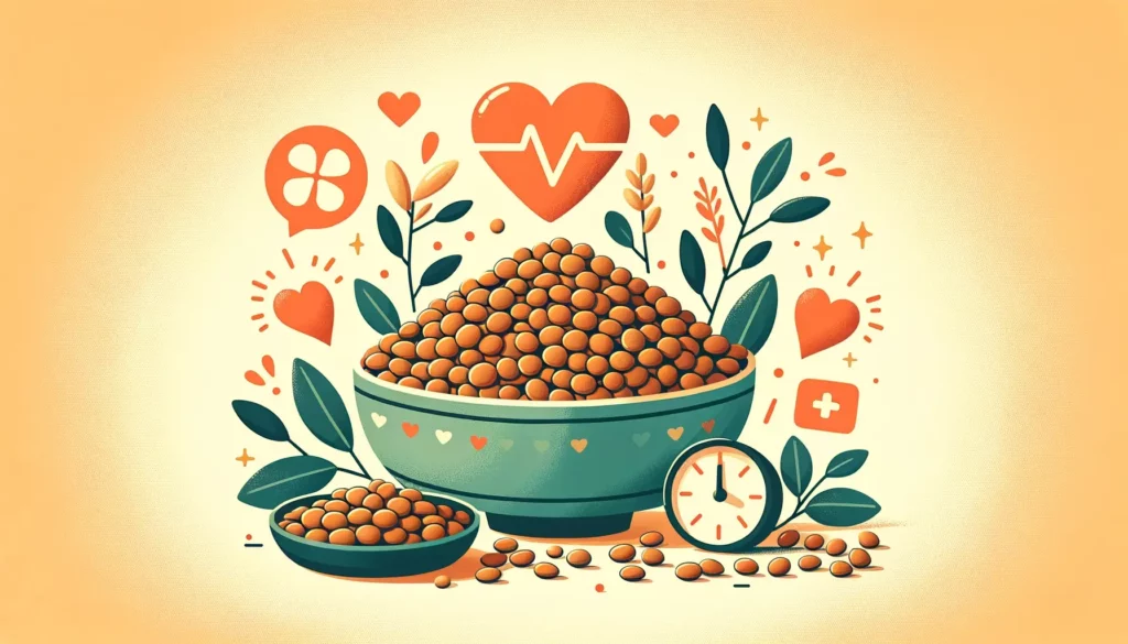 A friendly and simple illustration showcasing the health benefits of lentils and other legumes. The image should feature a variety of legumes, includi