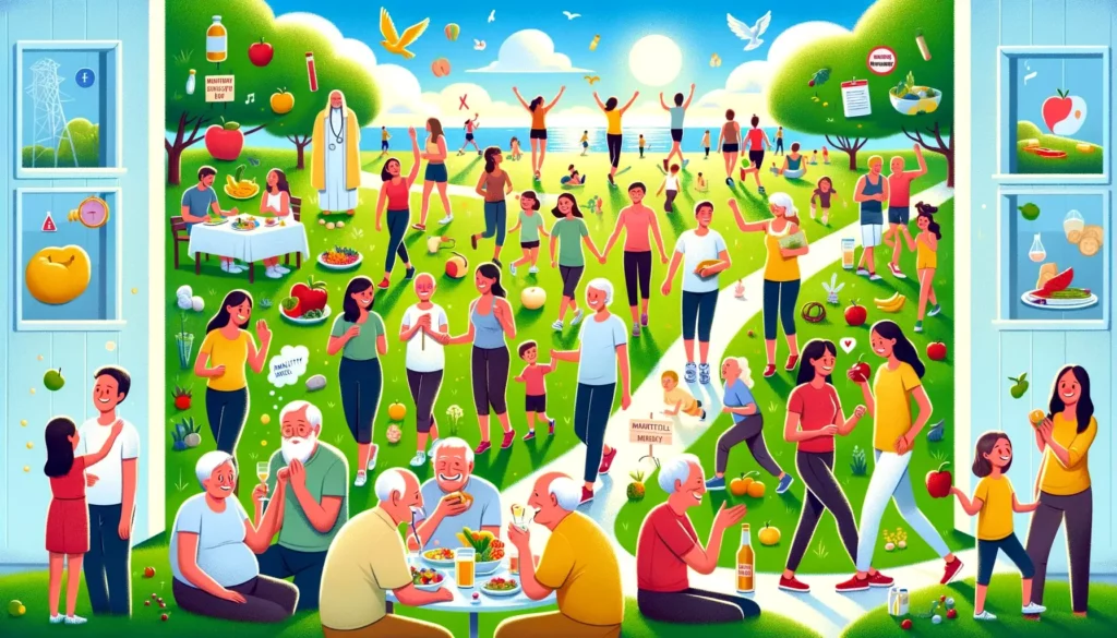 A heartwarming and memorable illustration representing a healthy lifestyle and its impact on reducing mortality risks. The image depicts a diverse gro