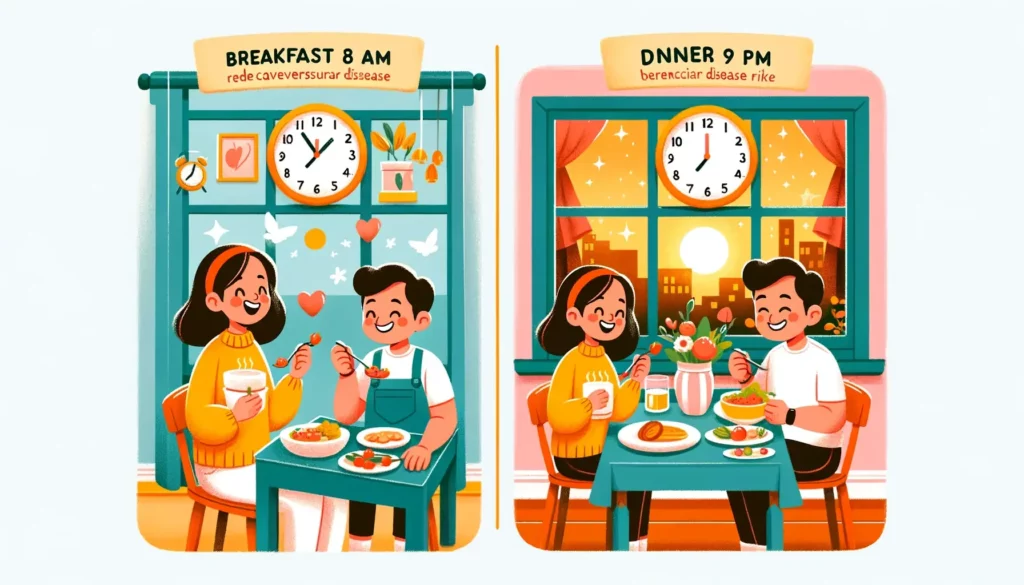 A heartwarming and simple illustration highlighting the importance of eating breakfast before 8 AM and dinner before 9 PM to reduce cardiovascular dis