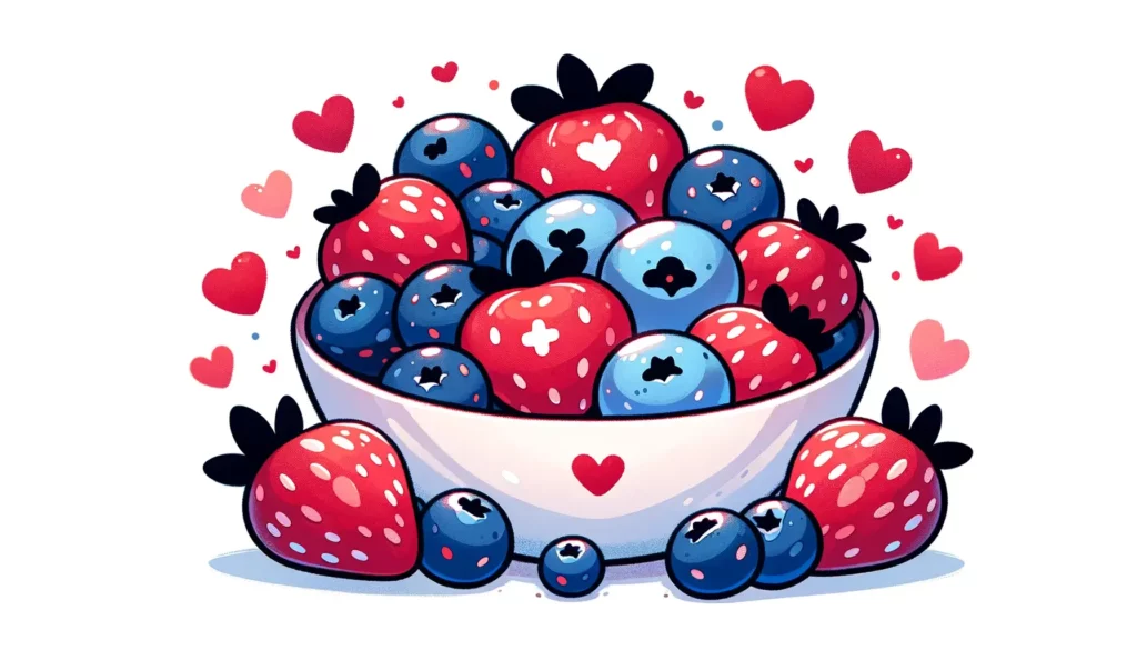 A heartwarming and simple illustration that showcases the health benefits of berries, particularly blueberries and strawberries. The image should depi