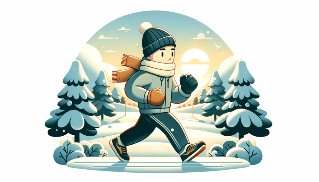 A heartwarming illustration depicting a person jogging in a winter landscape. The person is dressed appropriately for cold weather, wearing thermal ru