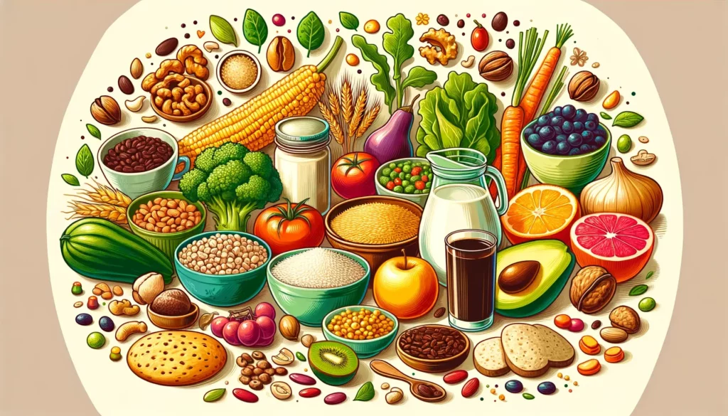 A vibrant and friendly illustration depicting a healthy plant-based diet. The image should feature an array of whole foods such as nuts, legumes, frui