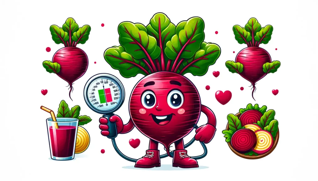 A vibrant, memorable illustration showcasing the health benefits of beets in lowering blood pressure. The image should feature a large, friendly-looki