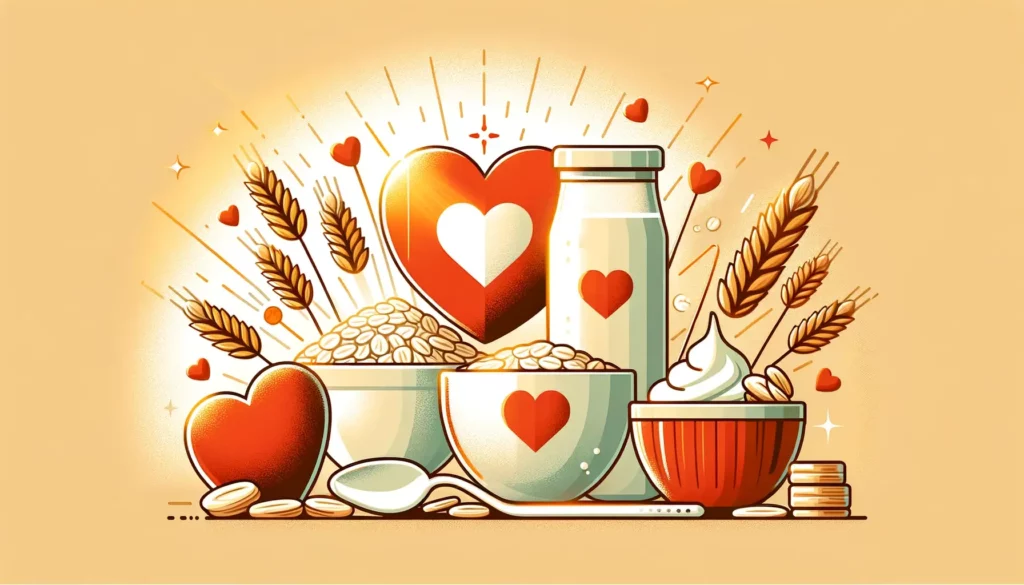 A warm and friendly illustration depicting the health benefits of beta-glucan in oats. The image shows a heart-healthy theme with visuals of oats, oat