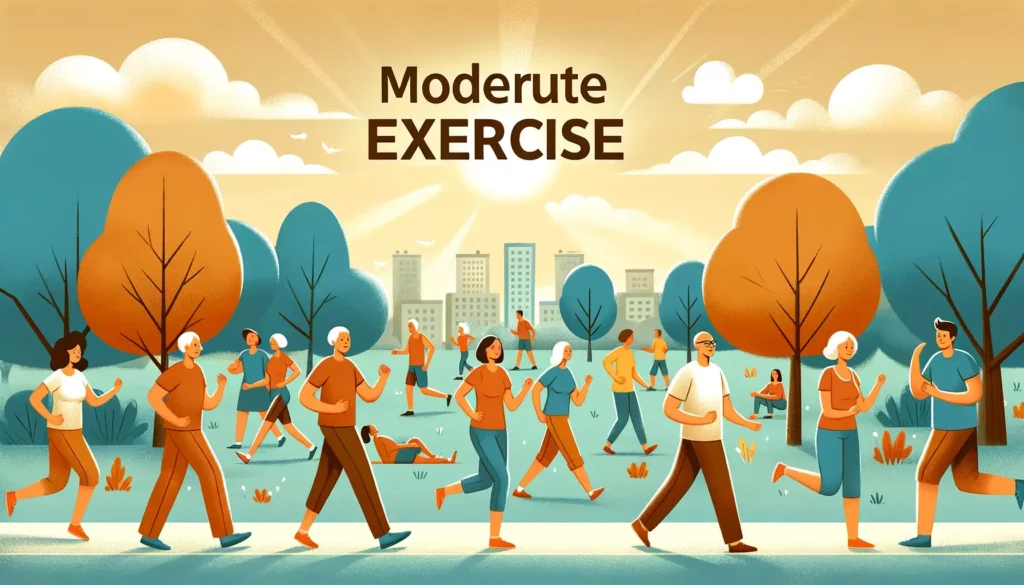 A warm and friendly illustration emphasizing the importance of moderate exercise for a healthy lifestyle. The scene shows a diverse group of people of