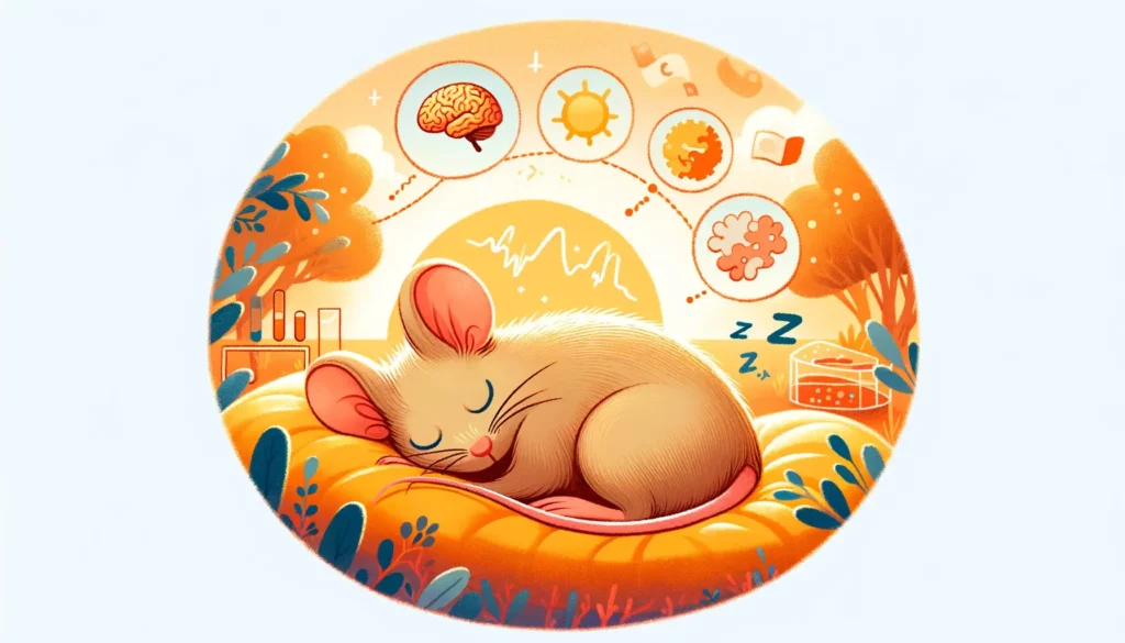 A warm and friendly illustration representing a research study on the brain activity of mice during naps, focusing on the hippocampus and memory forma