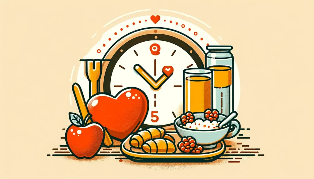 A warm and friendly illustration representing the concept of healthy eating habits for cardiovascular health. The image should feature a balanced brea