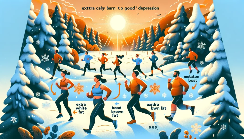 A warm and inviting illustration depicting the benefits of winter running. The scene shows a diverse group of runners joyfully running through a pictu