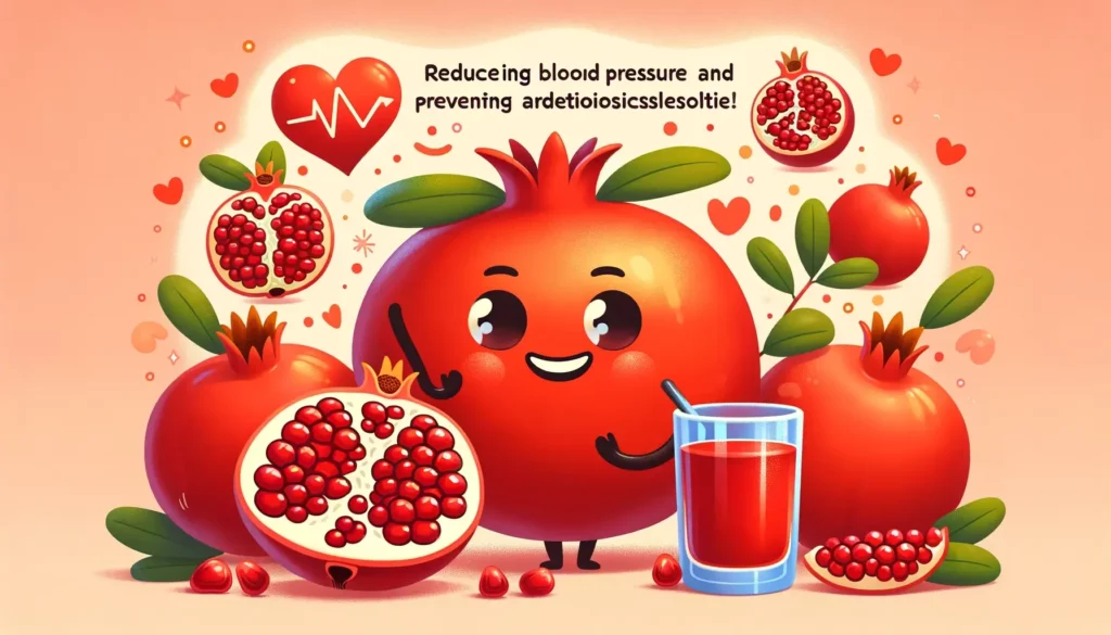 A warm and inviting illustration highlighting the antioxidant benefits of pomegranates in reducing blood pressure and preventing arteriosclerosis. The