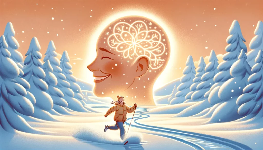 A warm and inviting illustration representing the mental and emotional benefits of winter exercise. The scene depicts a serene winter landscape with s
