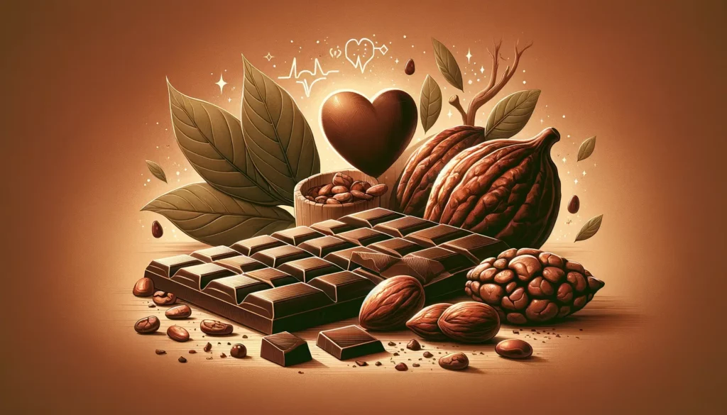 A warm and inviting illustration showcasing the health benefits of dark chocolate. The focus is on cocoa beans, rich in flavonoids, symbolizing their