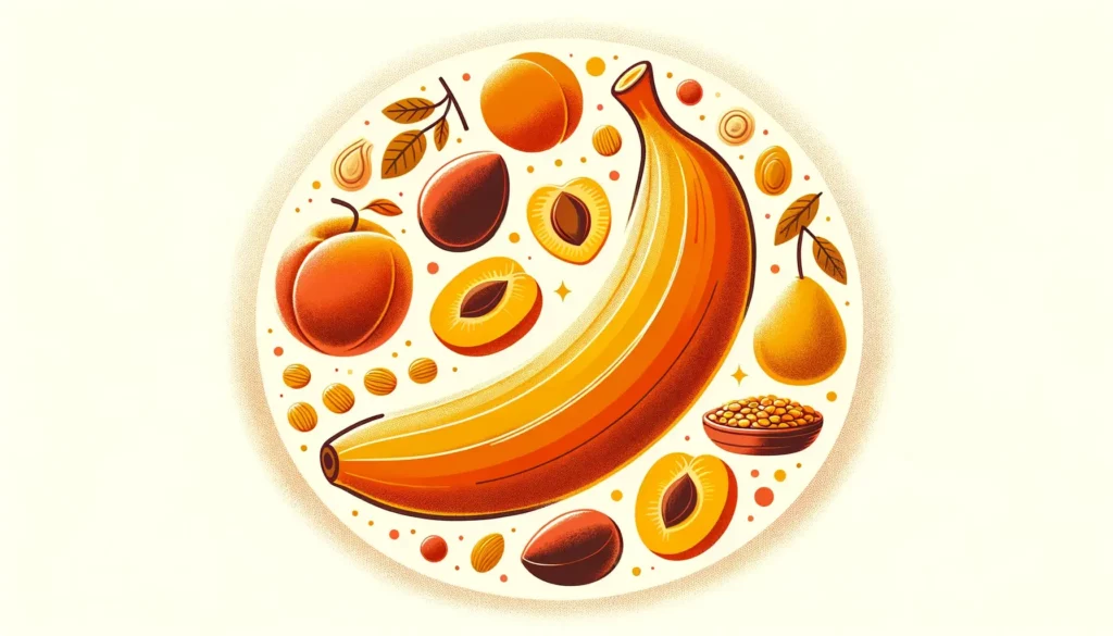 A warm, friendly illustration depicting a banana prominently in the center, surrounded by smaller images of apricots, lentils, and plums, all known fo