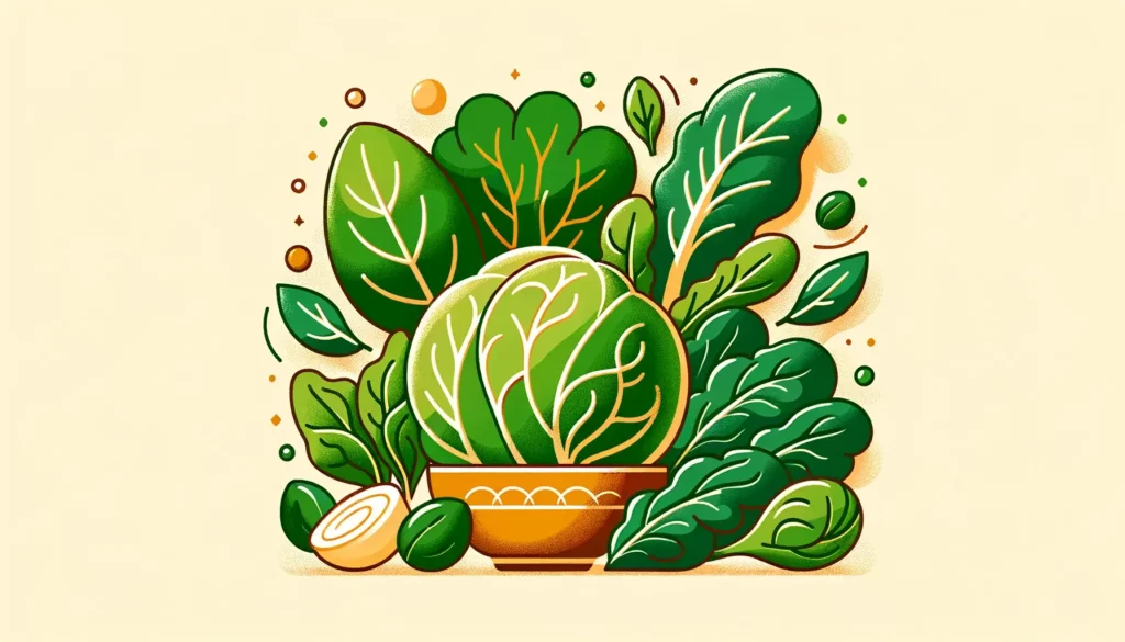 A warm, friendly illustration showcasing a variety of green leafy vegetables known for their high nitrate content, beneficial for blood pressure manag