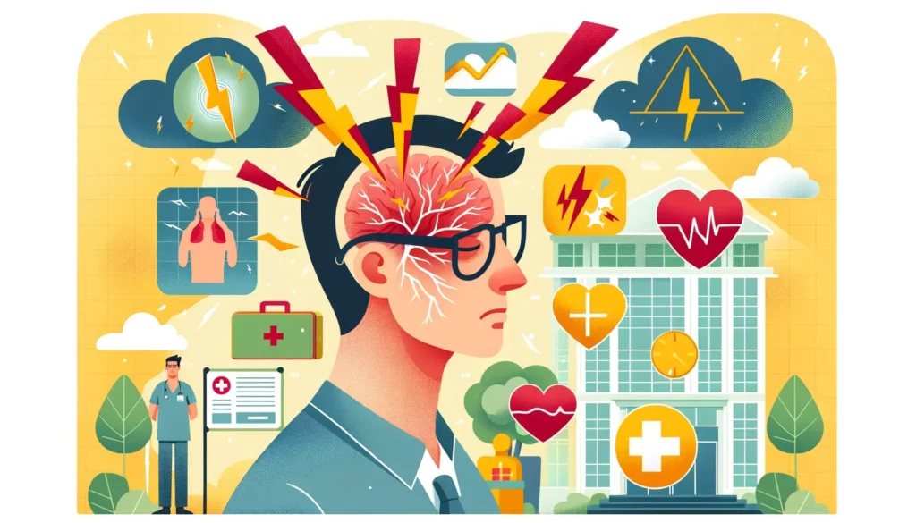 A welcoming and simple illustration depicting the symptoms of a headache that requires medical attention. The image features an individual experiencin