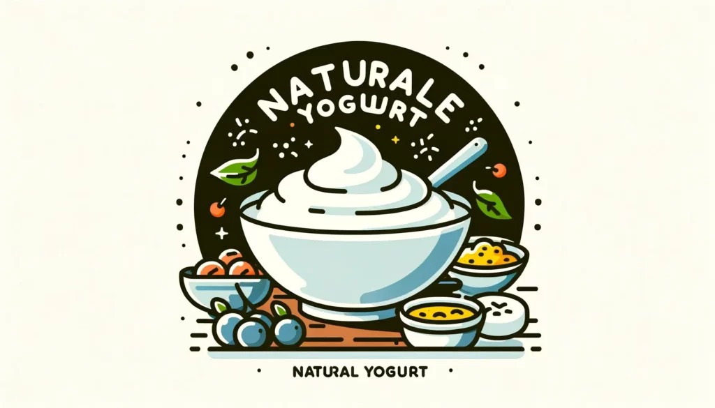 A welcoming and simple illustration showcasing natural yogurt as the main focus. The image should depict a bowl of creamy yogurt, with small represent