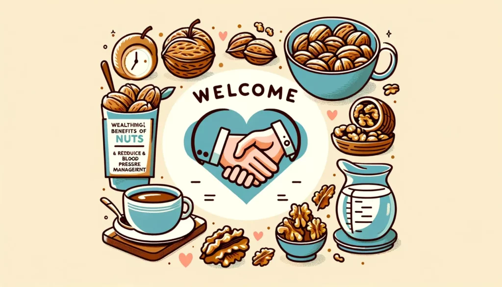 A welcoming and simple illustration showcasing the various health benefits of nuts, particularly highlighting how nuts can aid in blood pressure manag