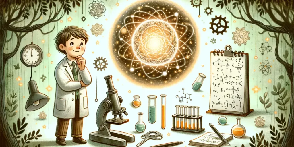 A whimsical and friendly illustration depicting the core elements of science_ curiosity and logical thinking. The scene includes a scientist, represen