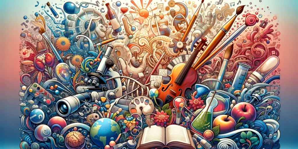 A wide illustration representing the key elements of various fields, from arts to science. The image should capture the essence of these diverse areas