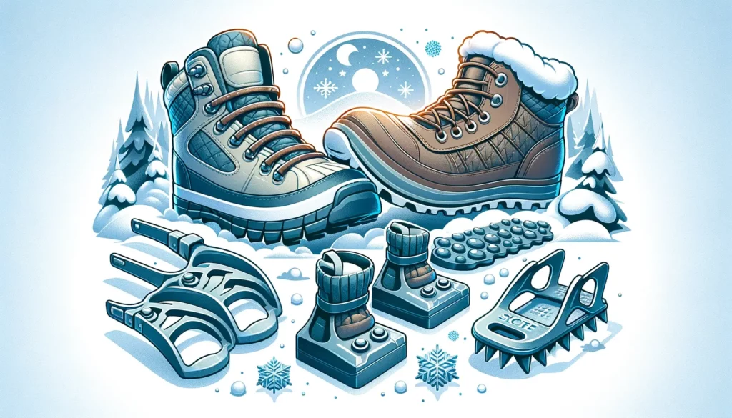 A winter-themed illustration depicting the perfect choice of footwear for snowy and icy conditions. The image should showcase a pair of shoes with enh
